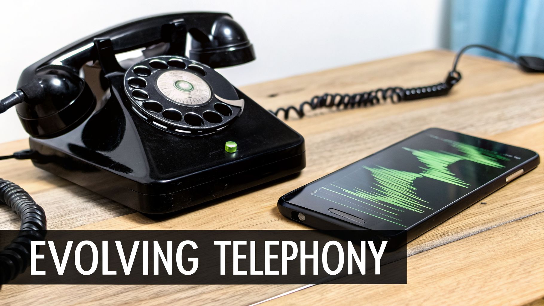 Side-by-side: a vintage rotary telephone and a sleek smartphone with a waveform display, illustrating technological evolution.