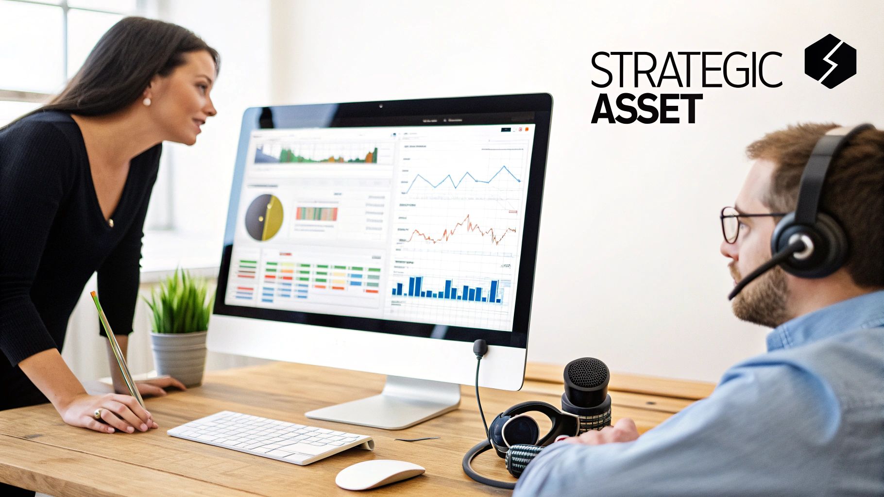 Two professionals analyzing business data on a monitor, one on a call with headphones.