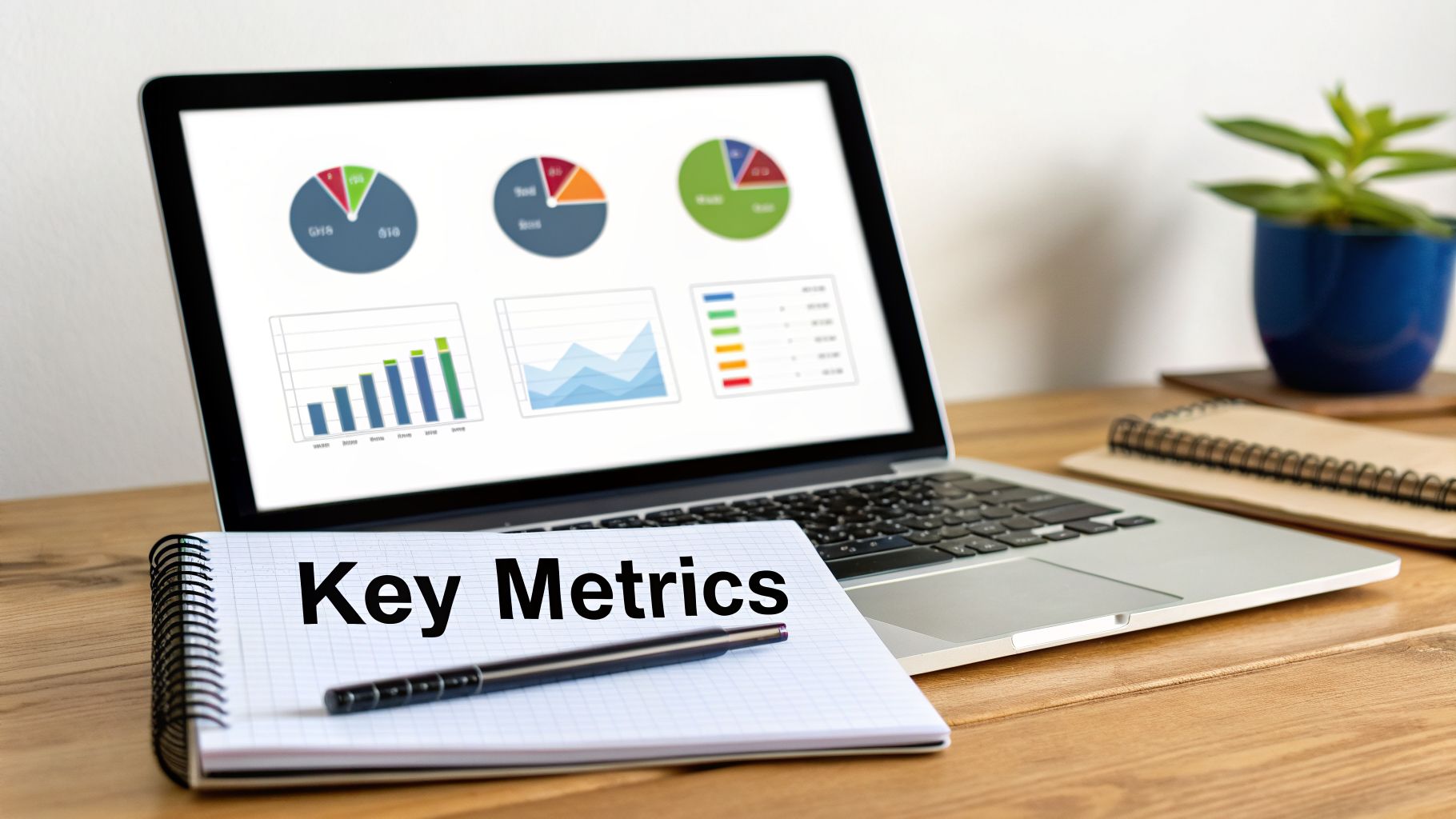 A laptop displaying business charts and graphs, with a notebook labeled 'Key Metrics' and a pen on a wooden desk.