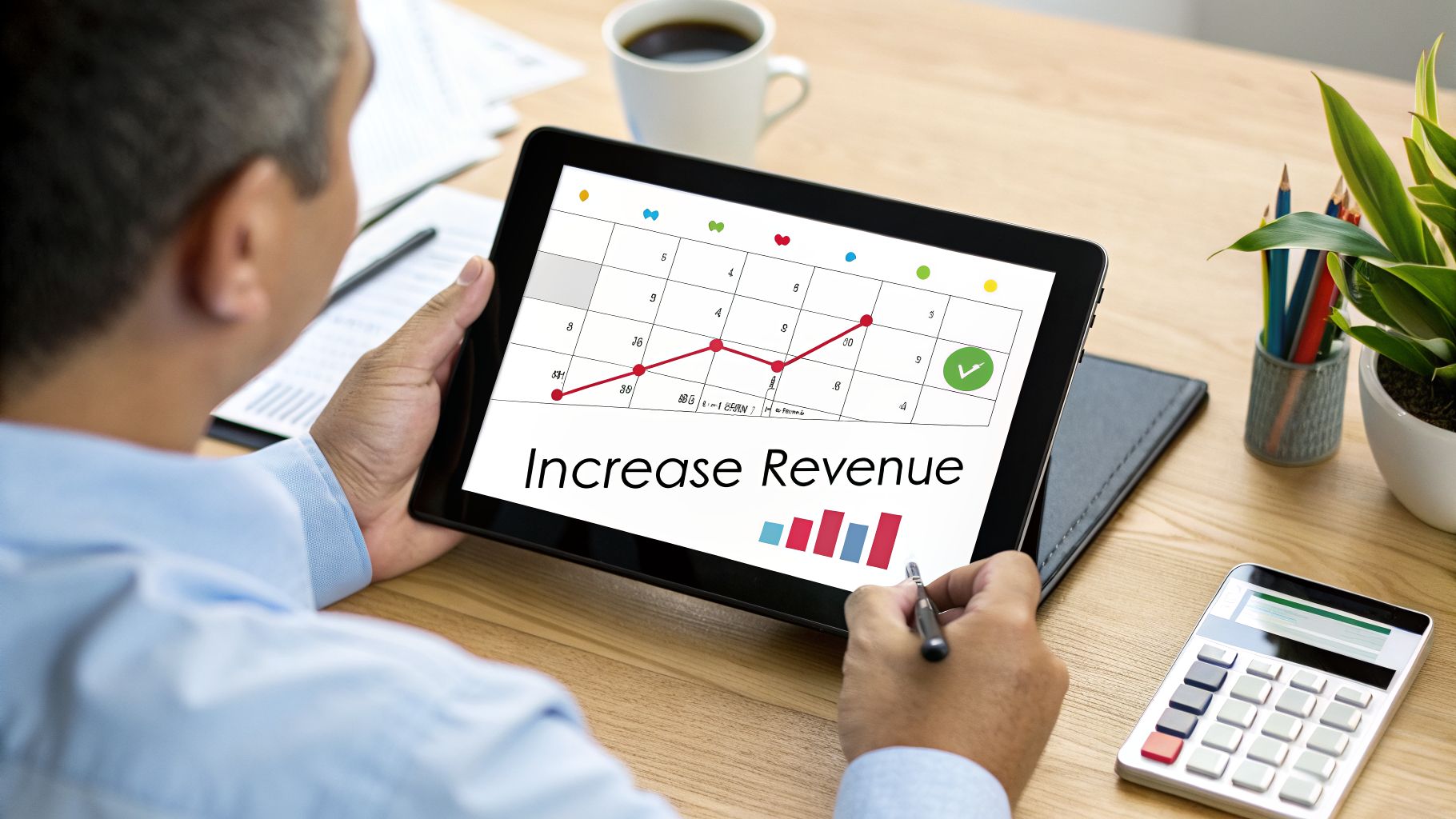 A person analyzes a revenue growth graph on a tablet with a pen and calculator.