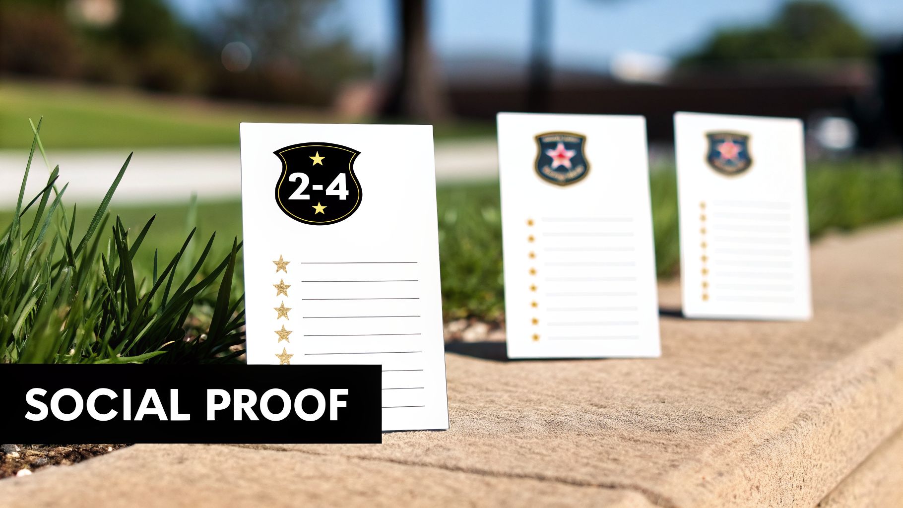 Three white cards with shield logos and star ratings, representing social proof, on an outdoor stone ledge.
