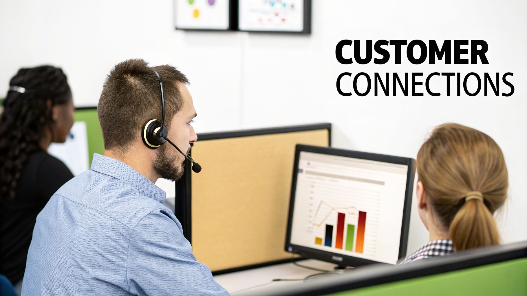 Three diverse customer service representatives wearing headsets, working at computers in a busy call center office.
