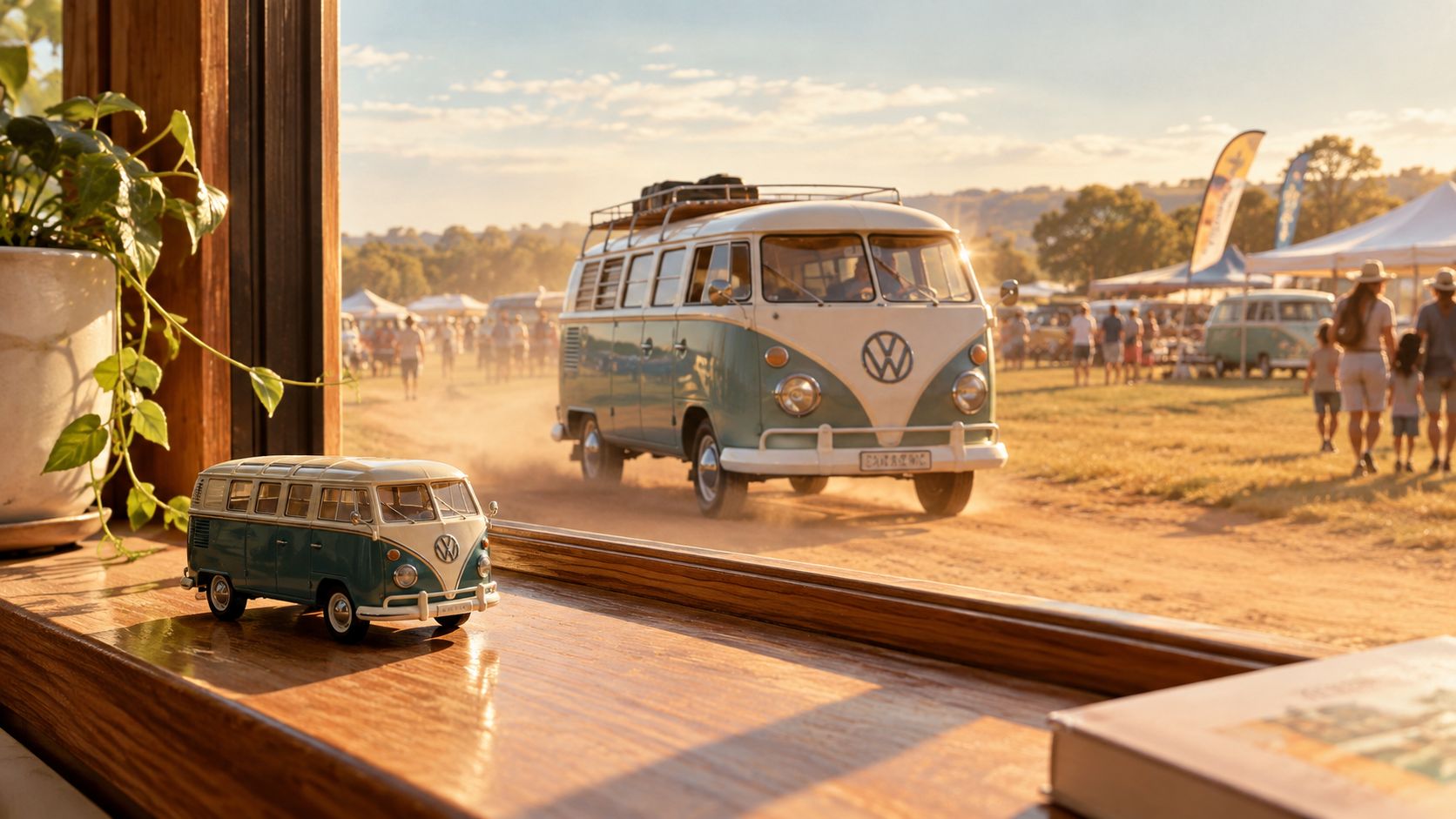 A miniature Volkswagen van sits on a wooden windowsill overlooking a sunny outdoor vintage van rally