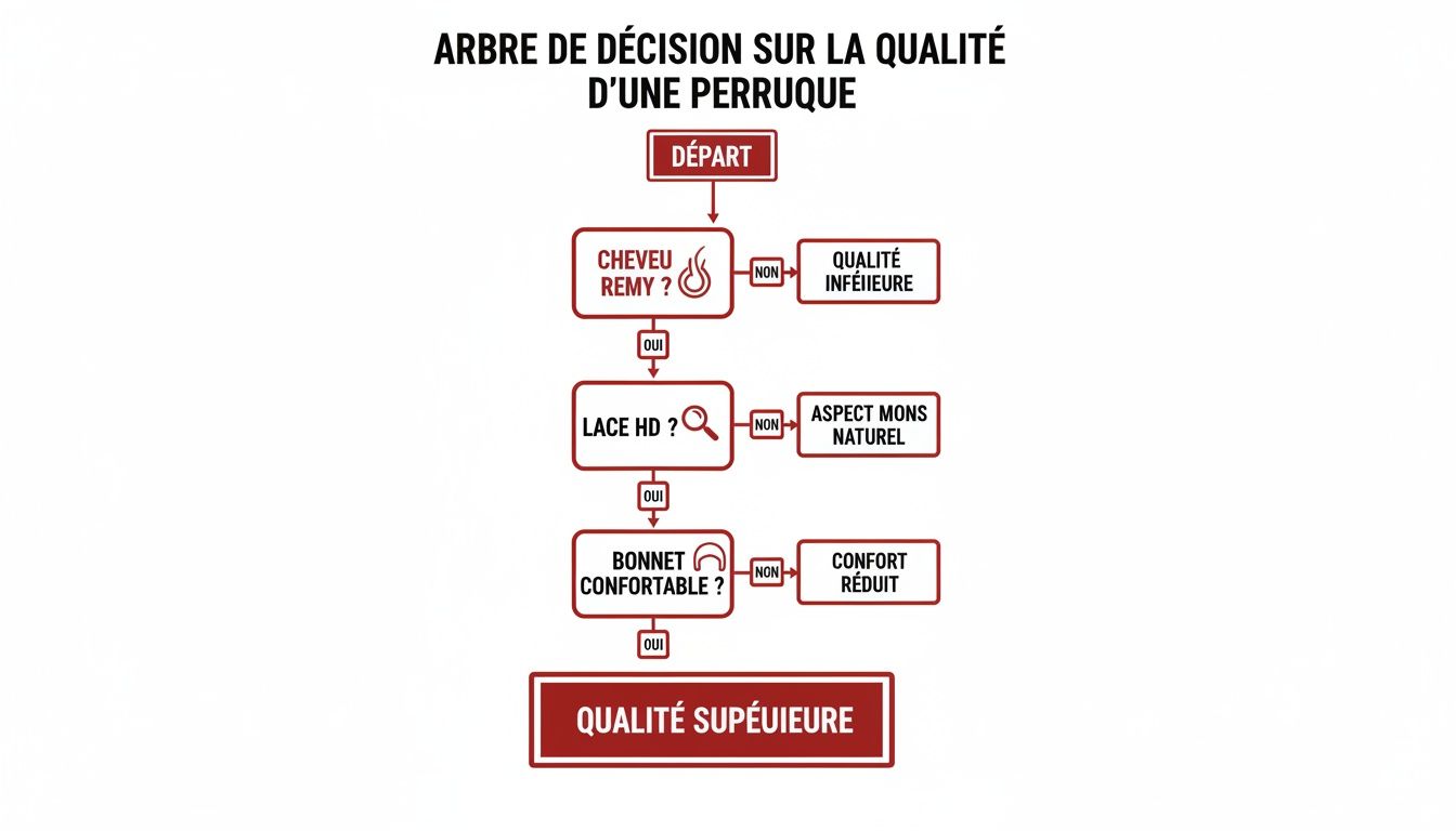 Diagramme de décision évaluant la qualité d'une perruque selon les critères de cheveux Remy, lace HD et confort.