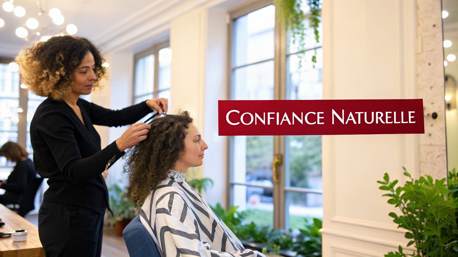 Une coiffeuse coiffe les cheveux bouclés d'une cliente dans un salon lumineux, avec une bannière rouge "CONFIANCE NATURELLE".