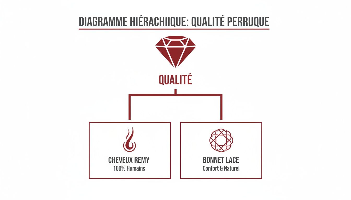 Diagramme hiérarchique illustrant les critères de qualité d'une perruque: cheveux Remy 100% humains et bonnet en dentelle pour confort et naturel.