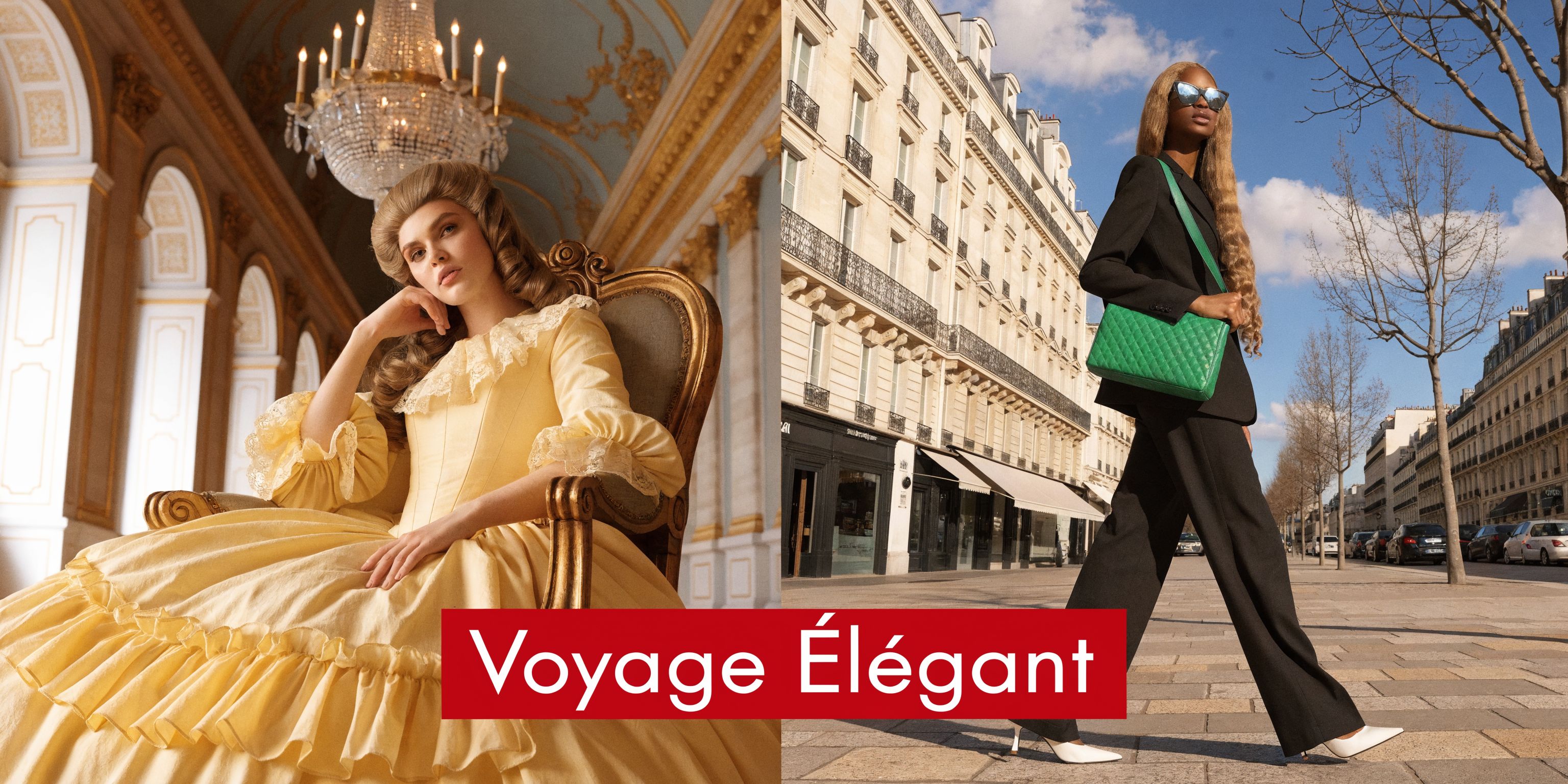 Une comparaison juxtaposée entre une femme portant une perruque longue brune historique et une mannequin urbaine élégante.