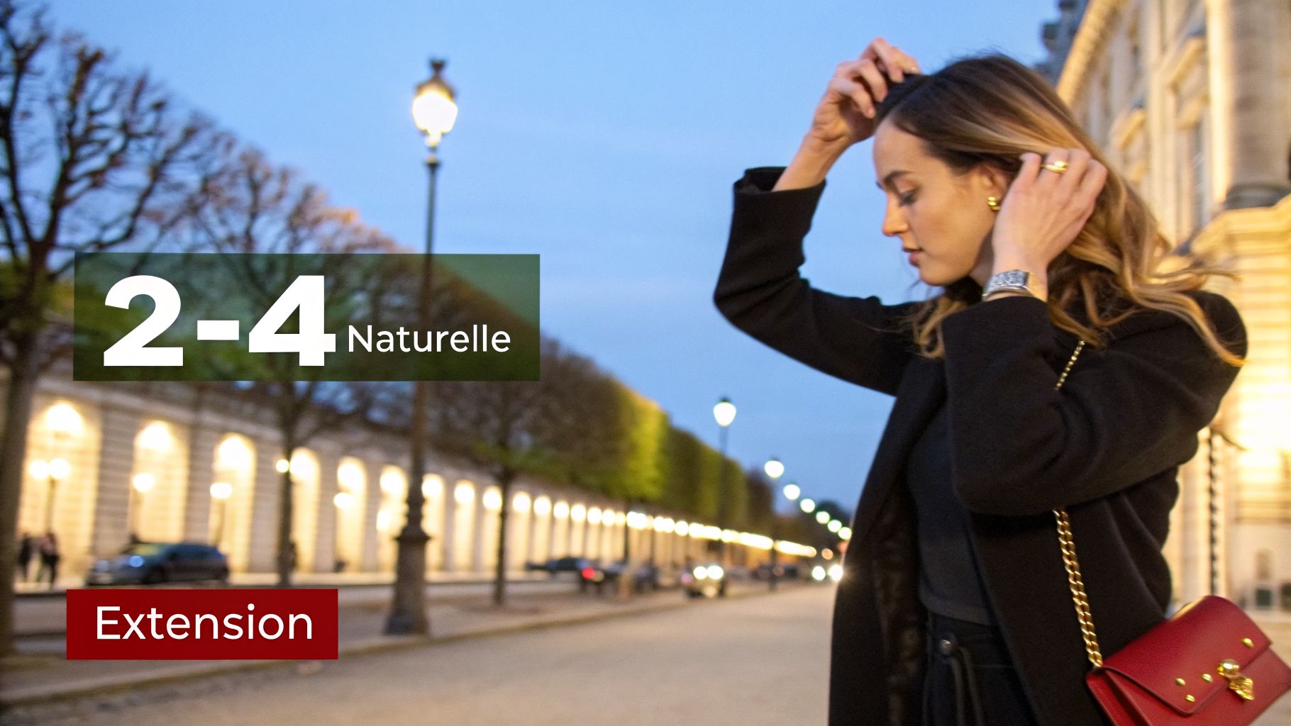 Une femme élégante avec des extensions de cheveux naturelles, posant dans une rue éclairée au crépuscule.