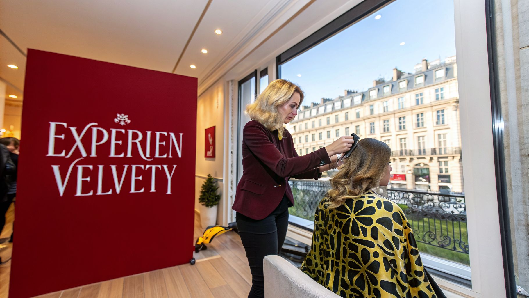 Une coiffeuse stylisant les cheveux d'une cliente devant une fenêtre, avec un panneau "EXPERIEN VELVETY" en rouge.