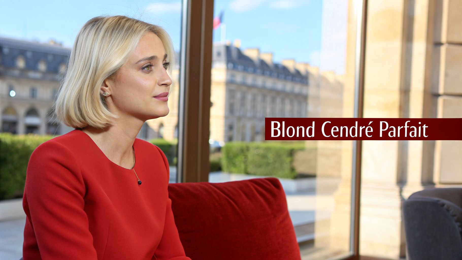 Une femme blonde élégante en robe rouge, assise et regardant par la fenêtre, avec le texte "Blond Cendré Parfait".