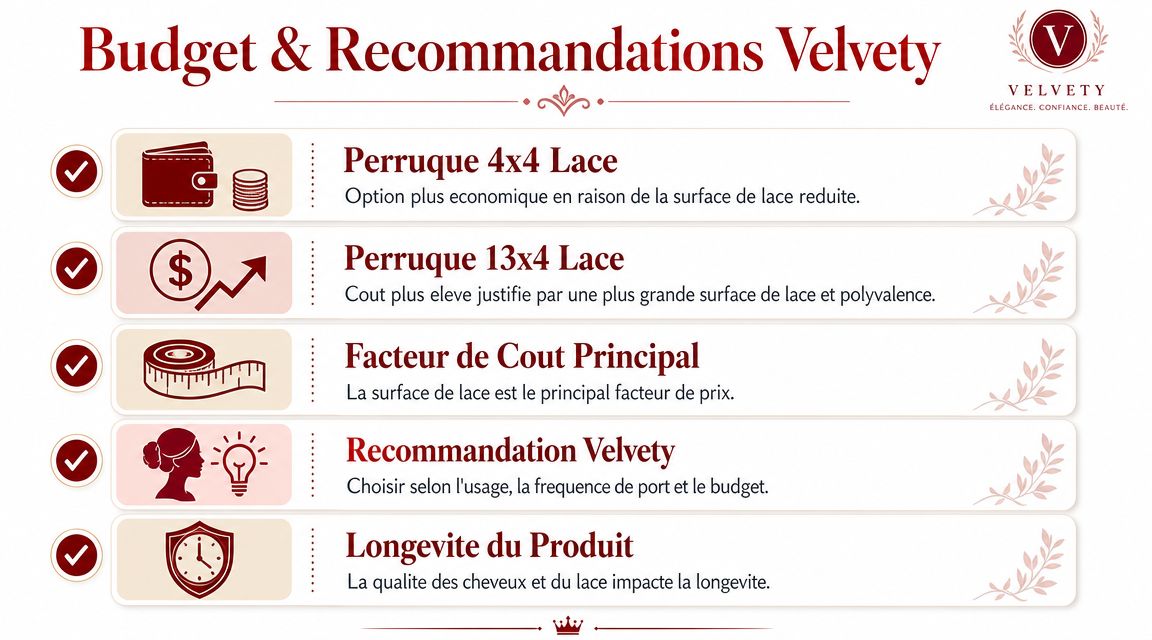 Tableau comparatif des perruques 4x4 et 13x4 Lace soulignant les facteurs de coût et recommandations Velvety.