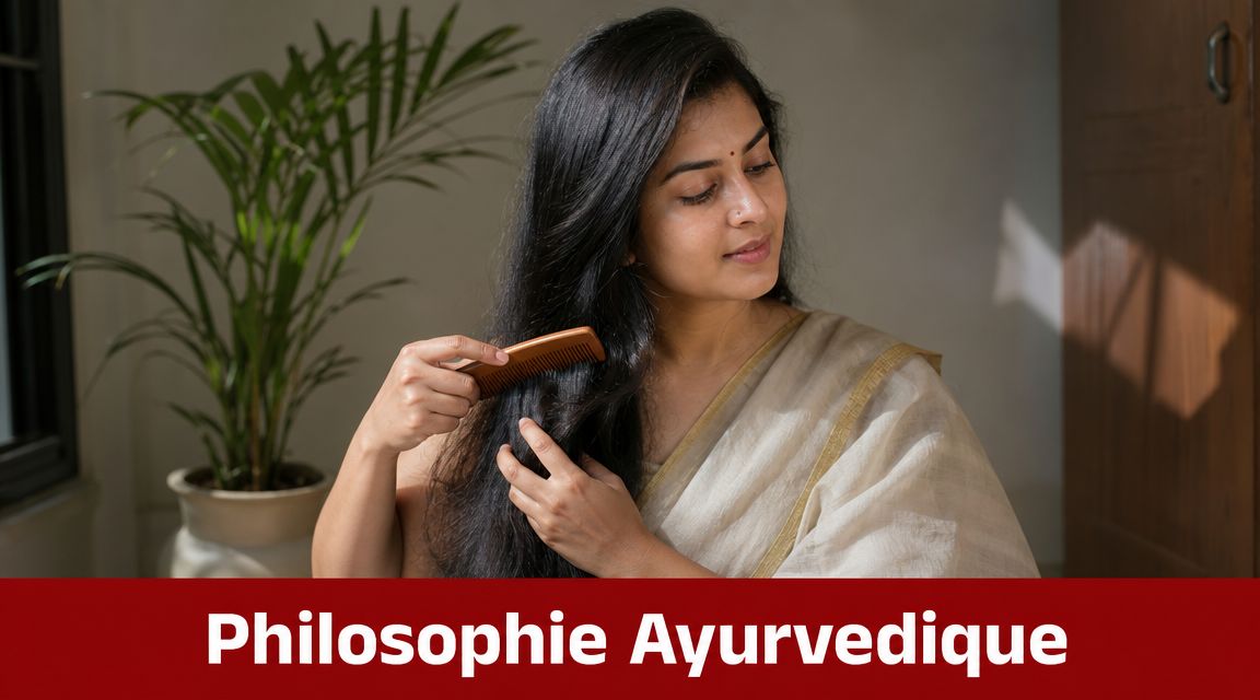 Une femme indienne en sari peignant ses longs cheveux noirs avec un peigne traditionnel en bois