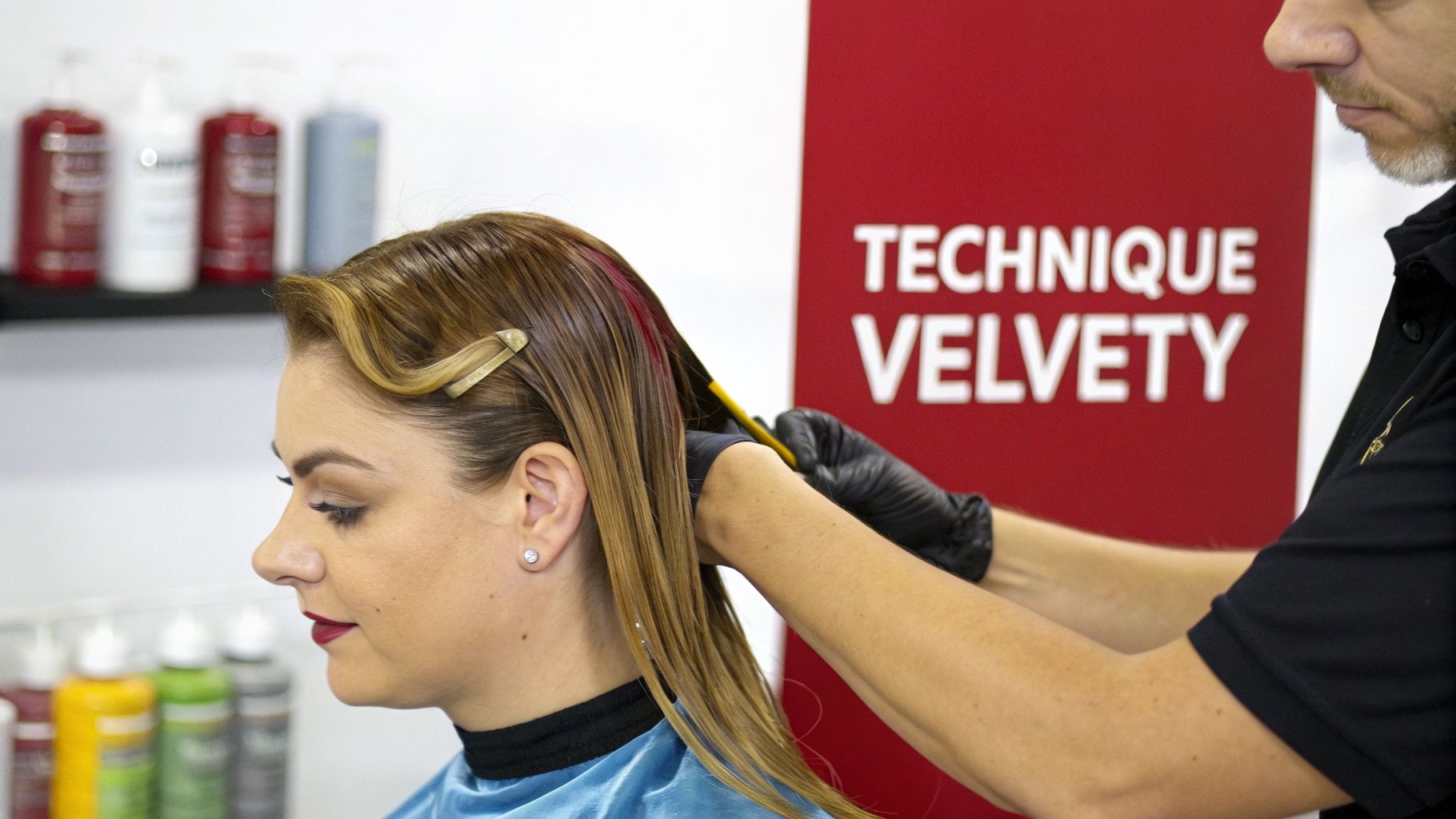 Coiffeur appliquant une coloration rouge sur les cheveux châtains d'une femme, avec des produits en arrière-plan.