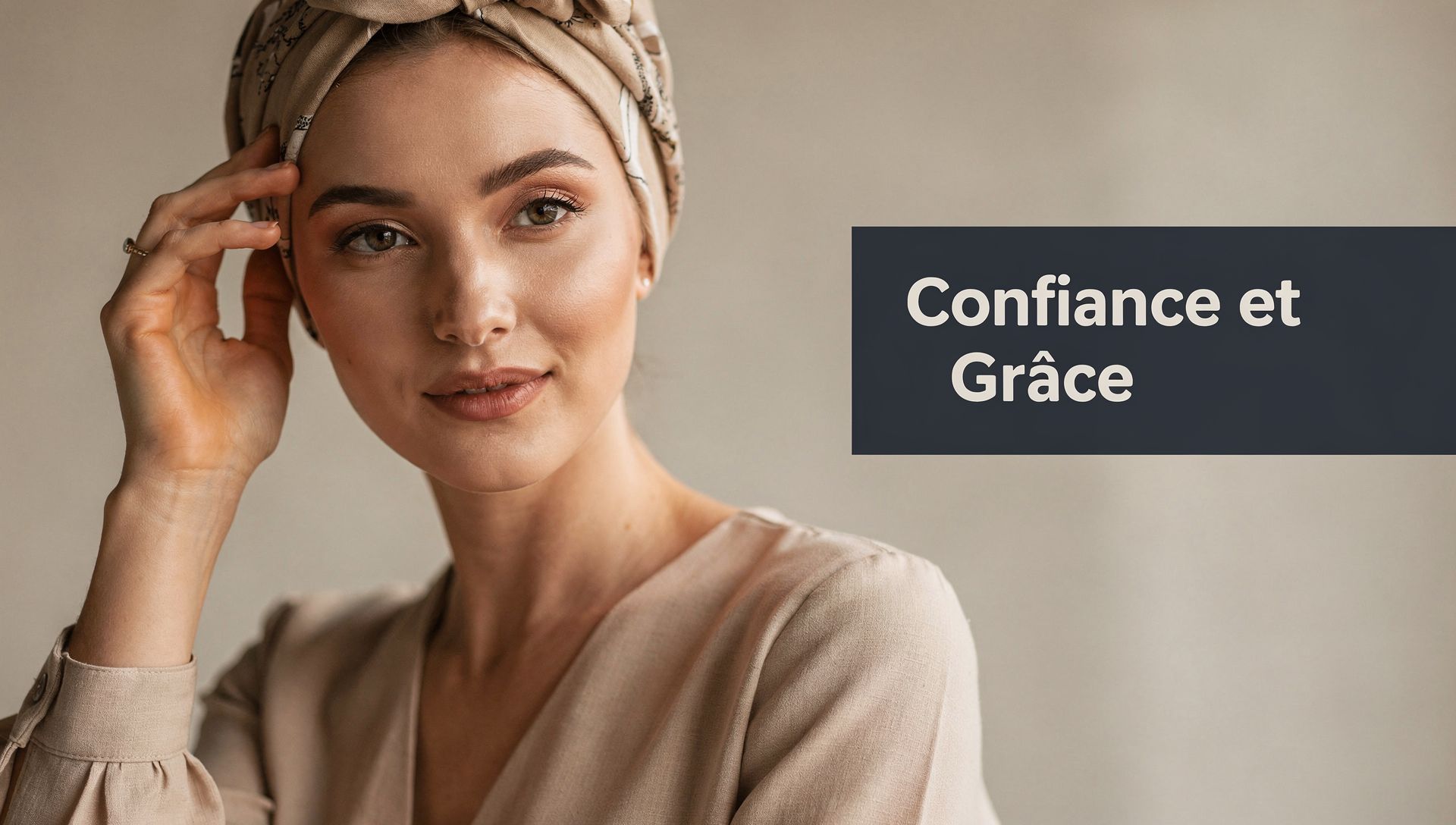 Une femme élégante portant un foulard de tête, symbolisant la confiance et la grâce durant un traitement.