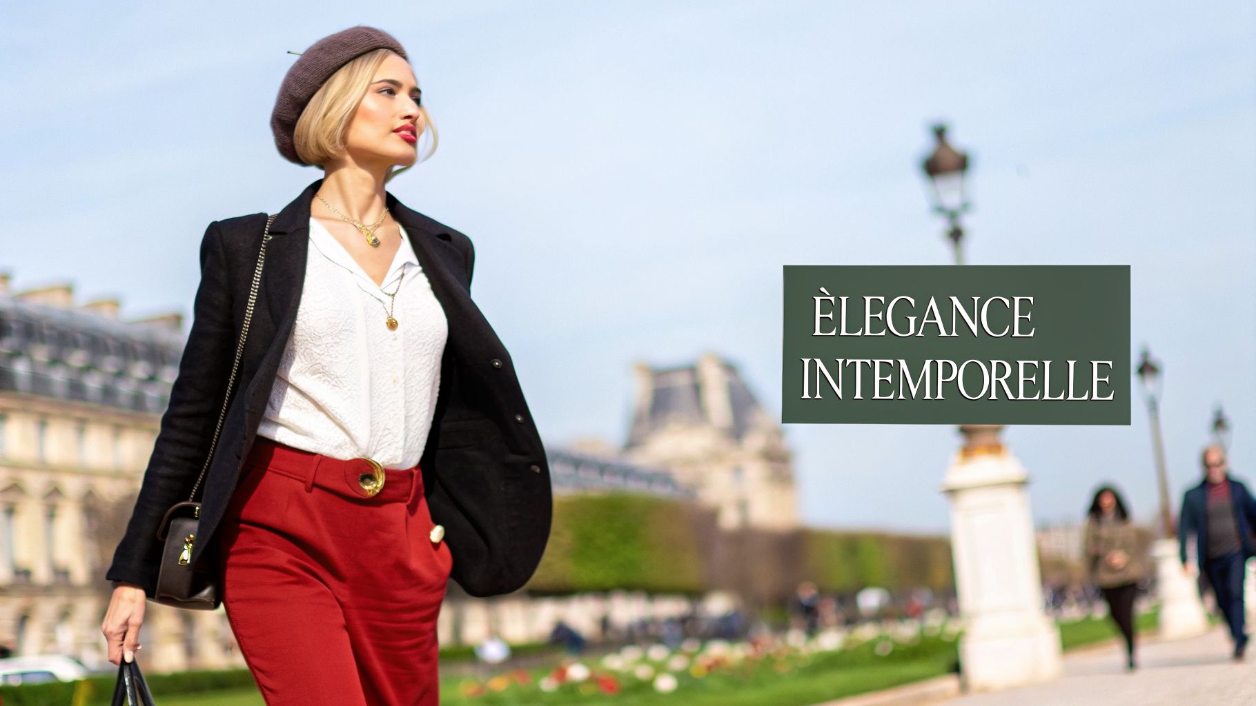 Femme élégante portant un béret, blazer noir et pantalon rouge, marchant dans une ville ensoleillée, incarnant l'élégance.