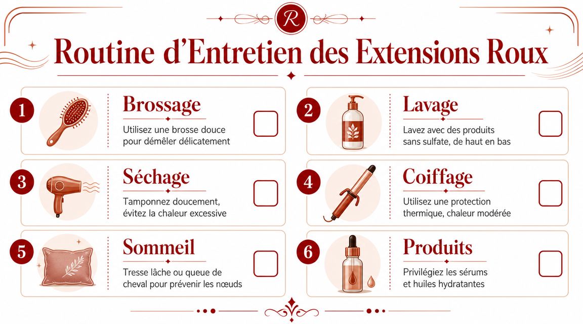 Une infographie sur la routine d'entretien pour les extensions capillaires de couleur rousse en six étapes simples.