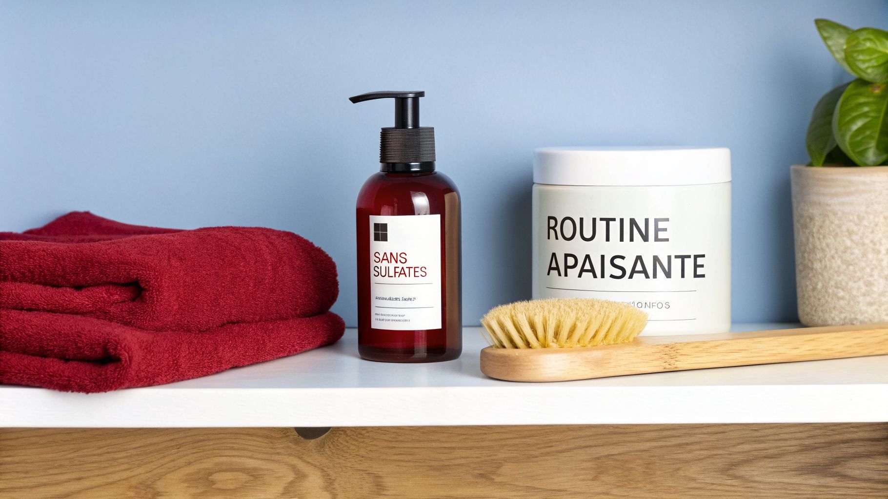 Produits de soin capillaire pour une routine apaisante, incluant une serviette rouge, un shampoing sans sulfates et une brosse en bois sur une étagère.