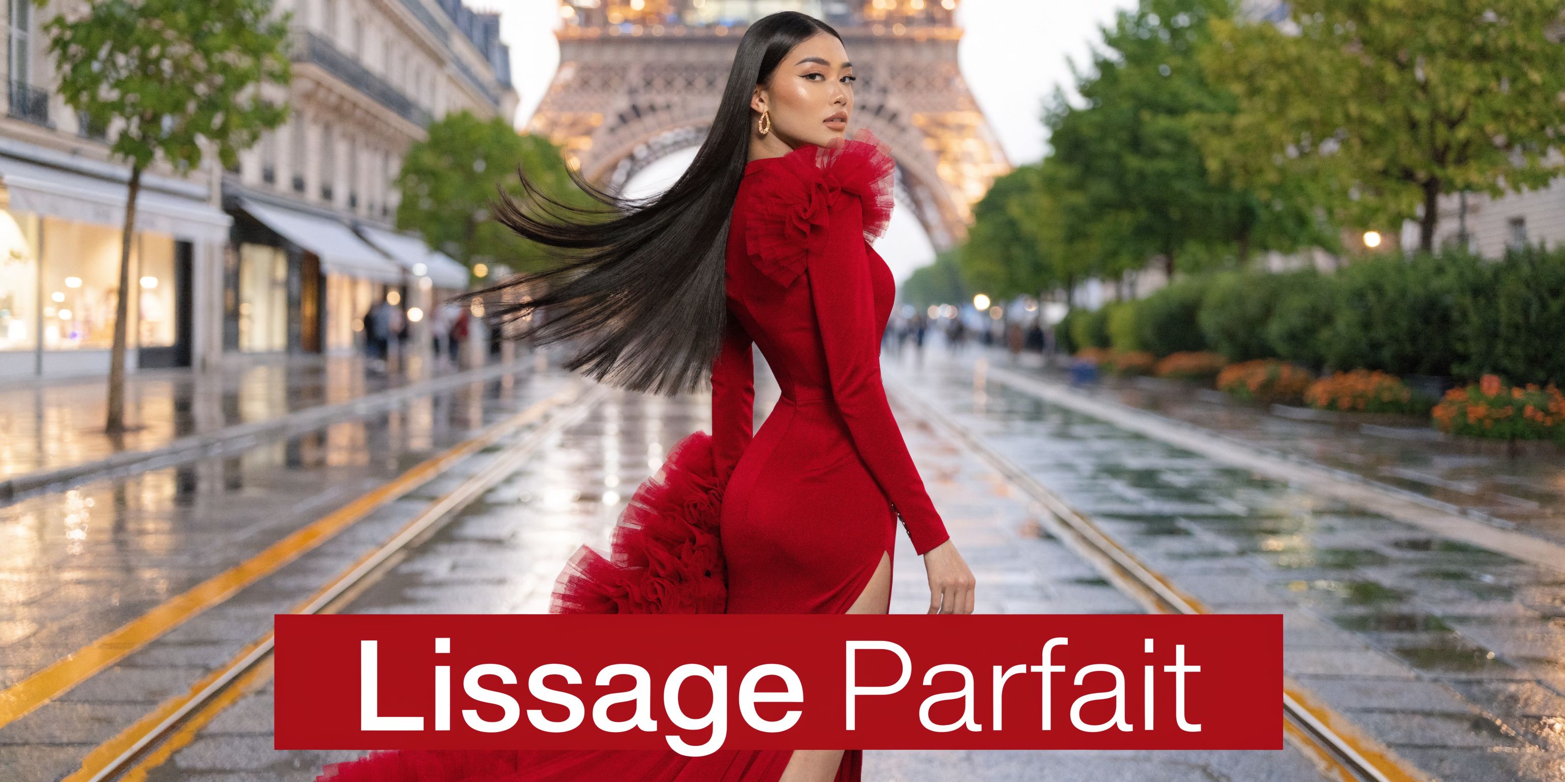 Une femme élégante avec des cheveux parfaitement lisses portant une robe rouge devant la tour Eiffel.