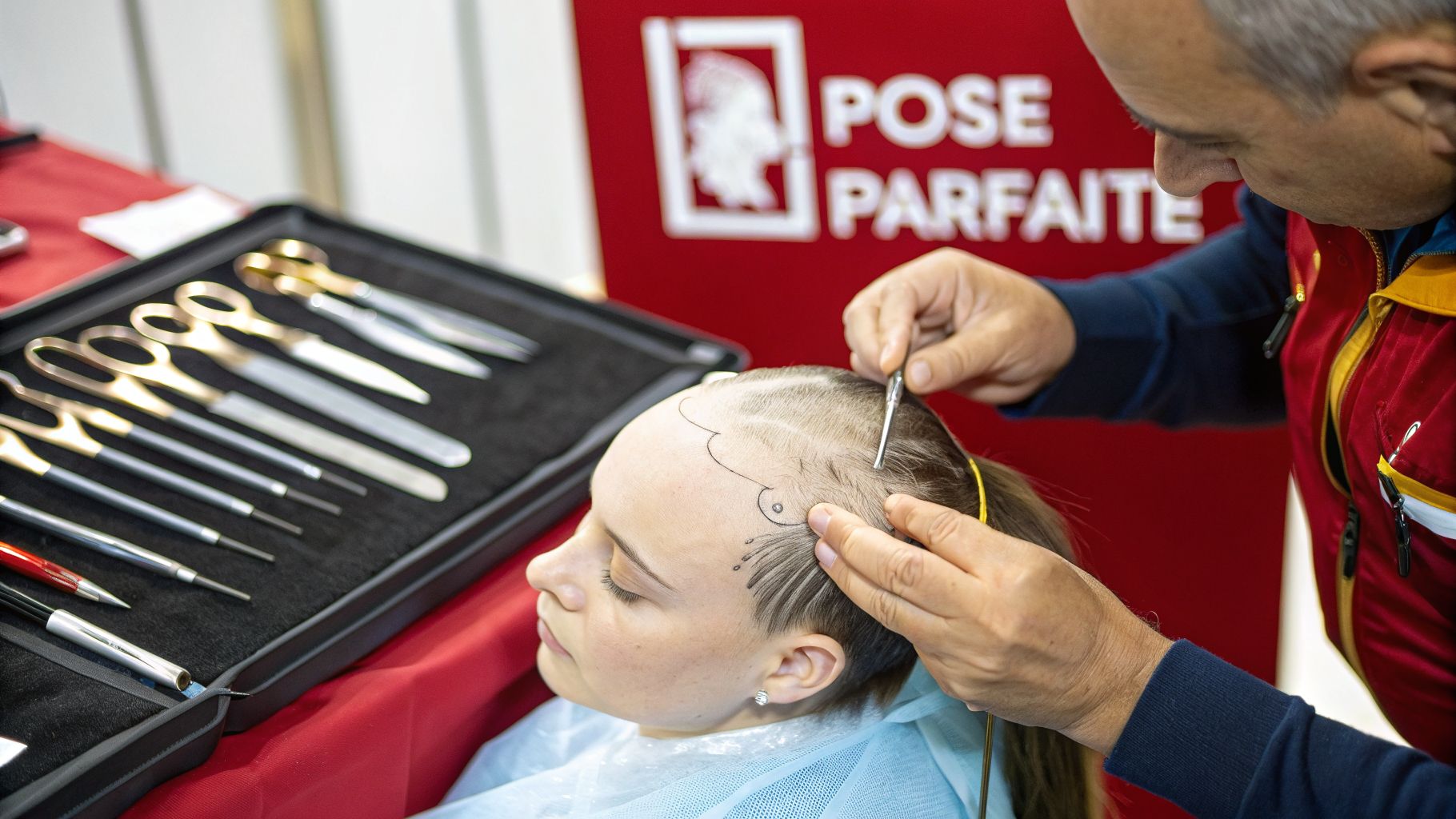 Un spécialiste prépare le cuir chevelu d'une femme pour une pose de perruque ou une greffe capillaire.