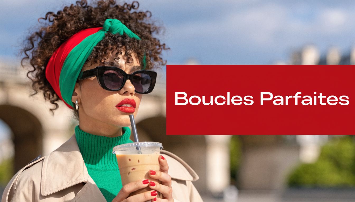 Une femme élégante avec des cheveux bouclés portant un bandeau coloré et des lunettes de soleil en ville.