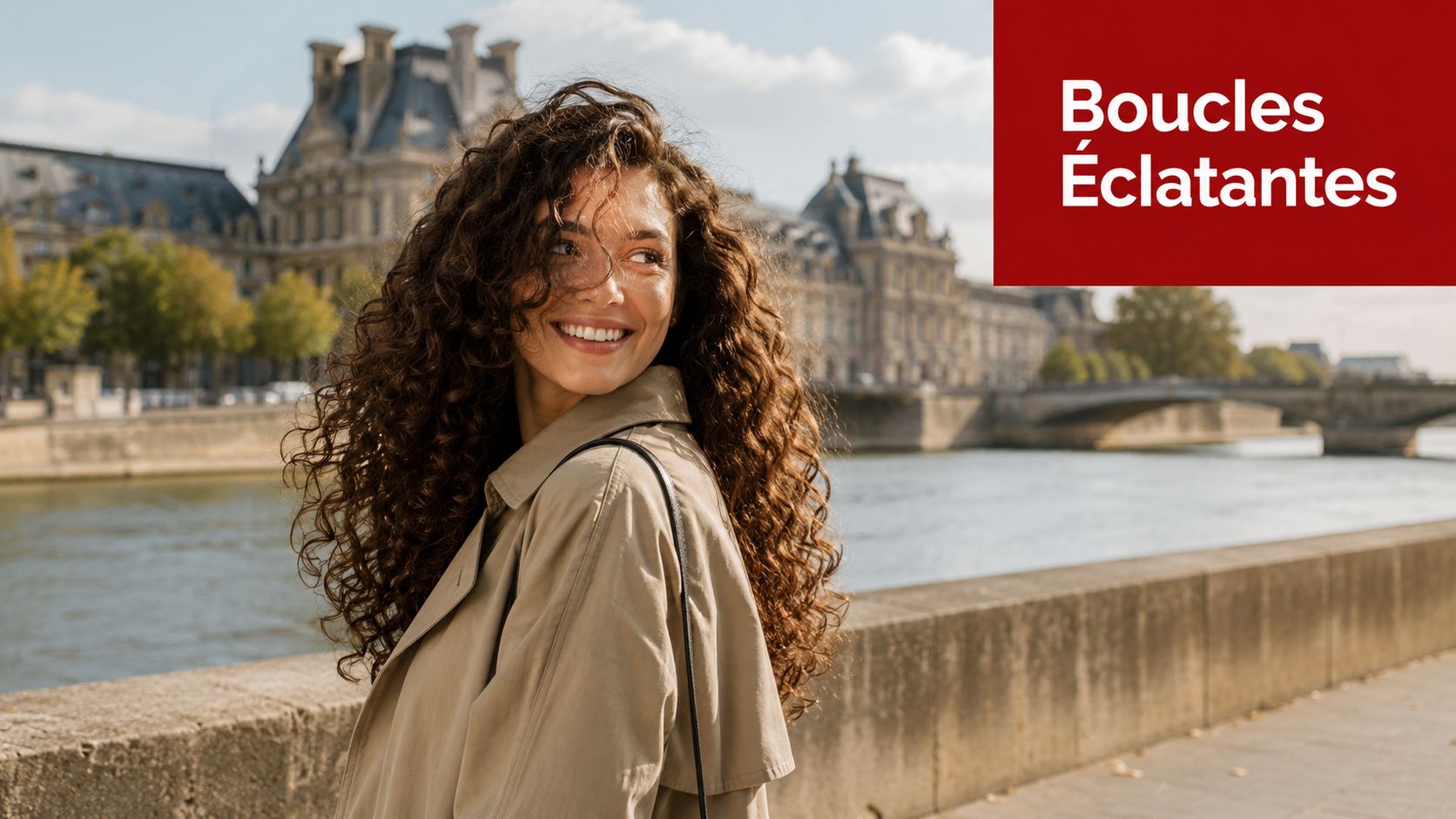 Une femme souriante avec de longs cheveux bouclés se promène le long de la Seine à Paris.