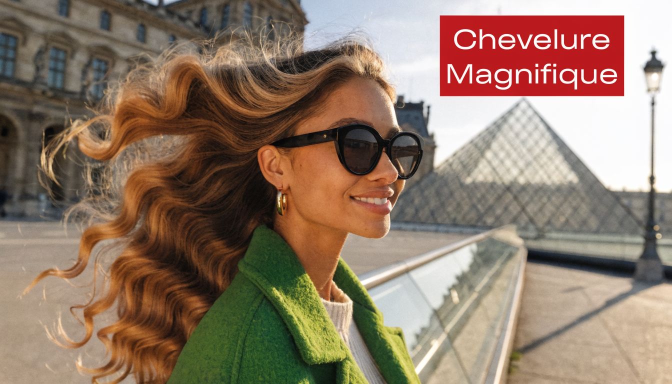Une femme élégante avec des cheveux longs ondulés porte des lunettes de soleil devant la pyramide du Louvre.