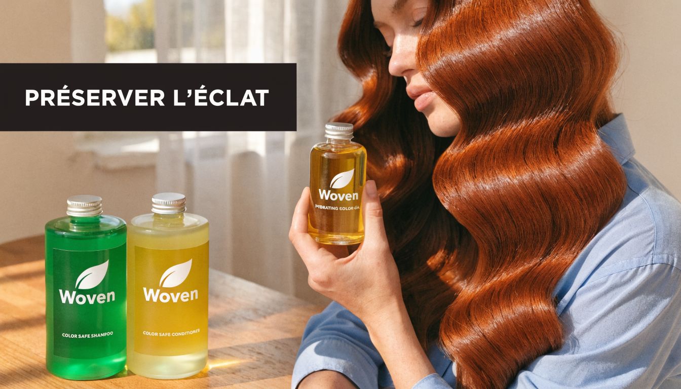 Une femme avec des cheveux roux brillants tenant une huile Woven près de bouteilles de shampoing et après-shampoing.