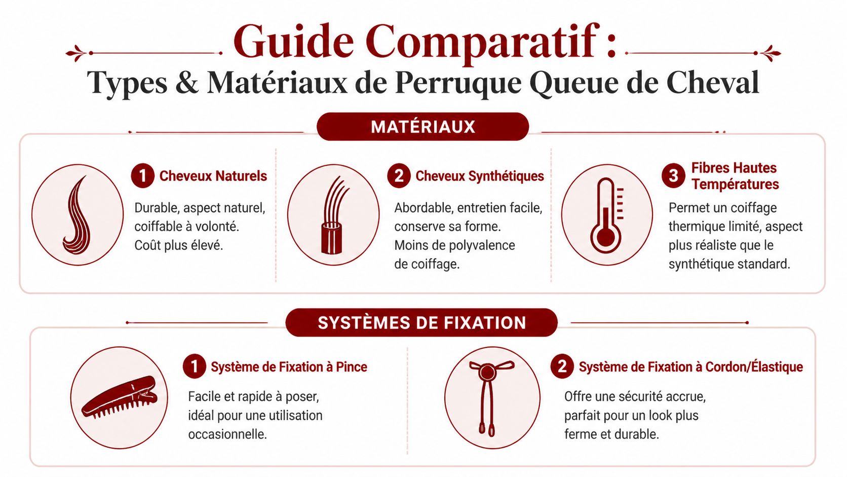 Guide comparatif illustré présentant les différents matériaux et systèmes de fixation pour perruque queue de cheval.