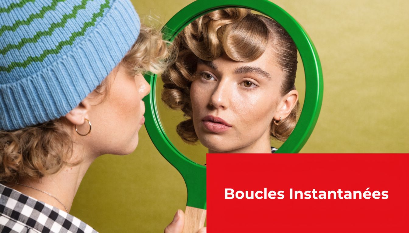 Une personne regarde son reflet dans un miroir vert montrant une coiffure avec des boucles instantanées élégantes.
