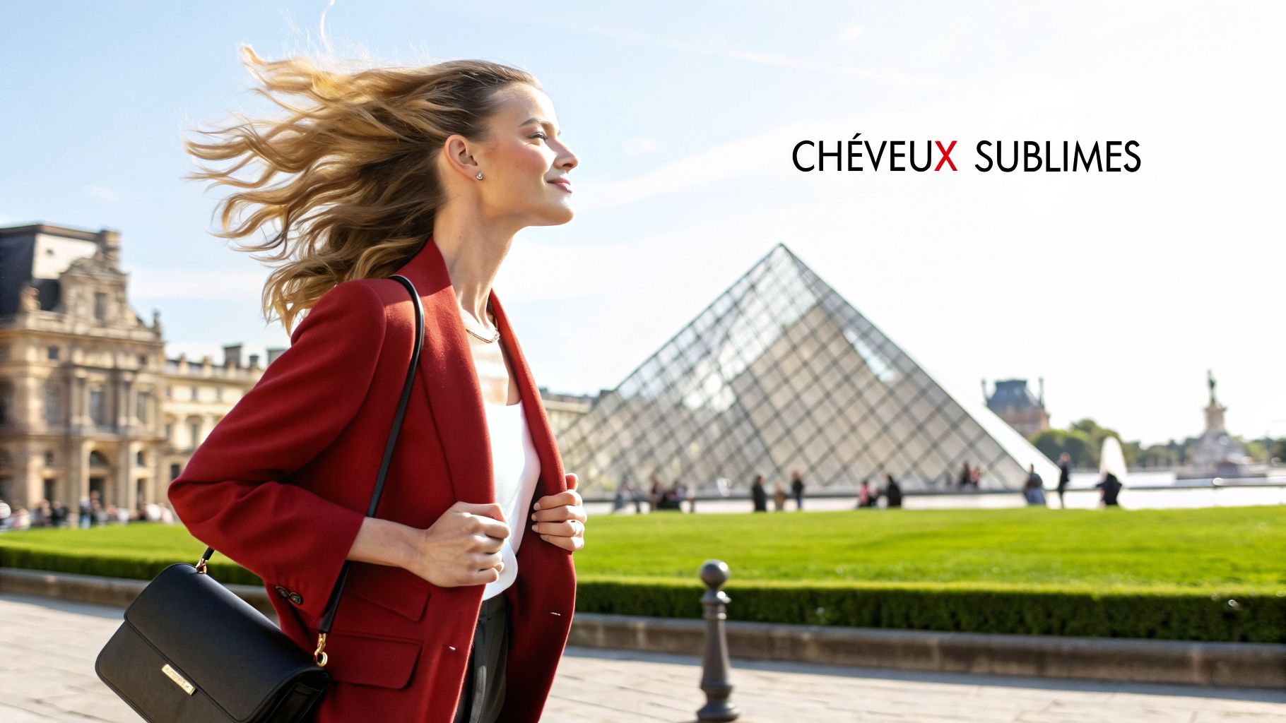 Une femme aux cheveux blonds sublimes et ondulés, vêtue d'une veste rouge, marchant devant le Louvre à Paris.