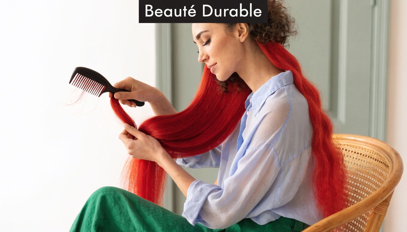 Une femme avec de longs cheveux rouges brosse ses extensions capillaires avec un peigne noir dans une chambre.