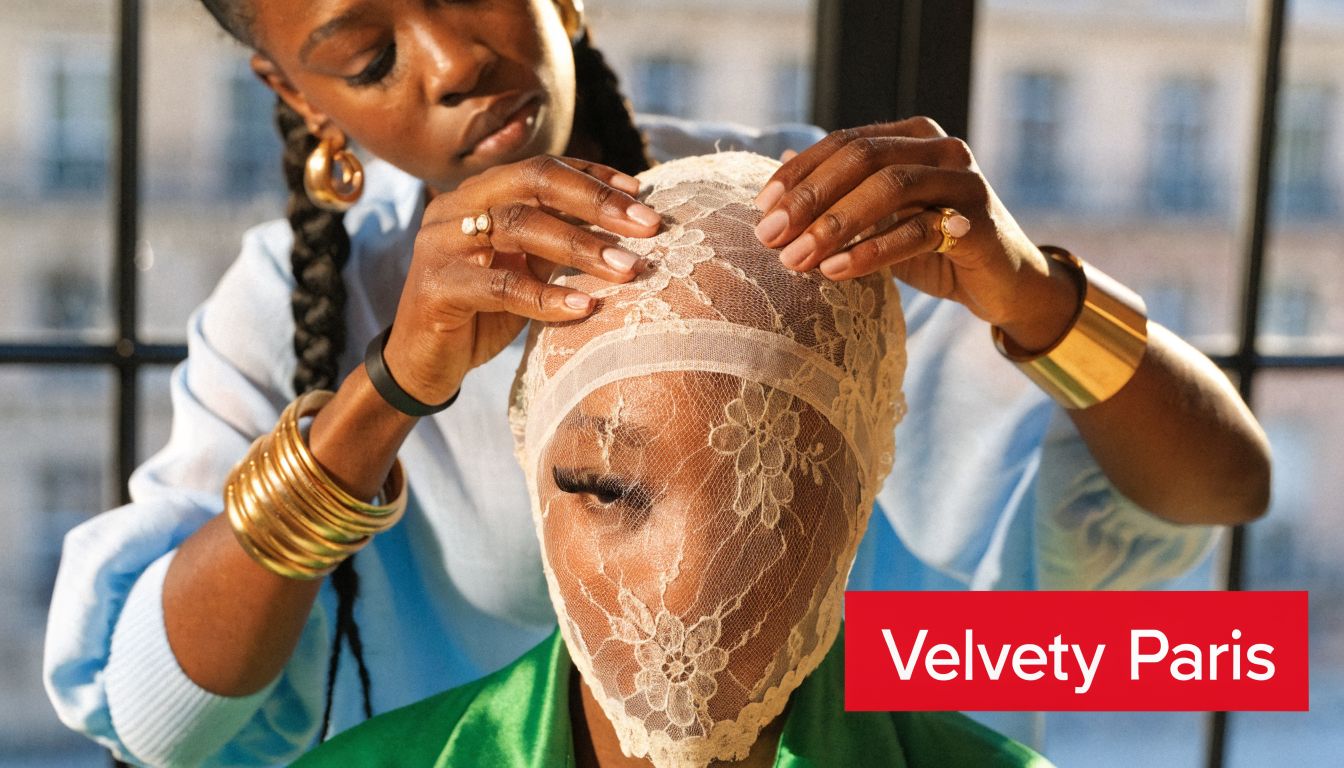 Une coiffeuse ajuste délicatement une perruque en dentelle sur la tête d'une cliente dans un salon professionnel.