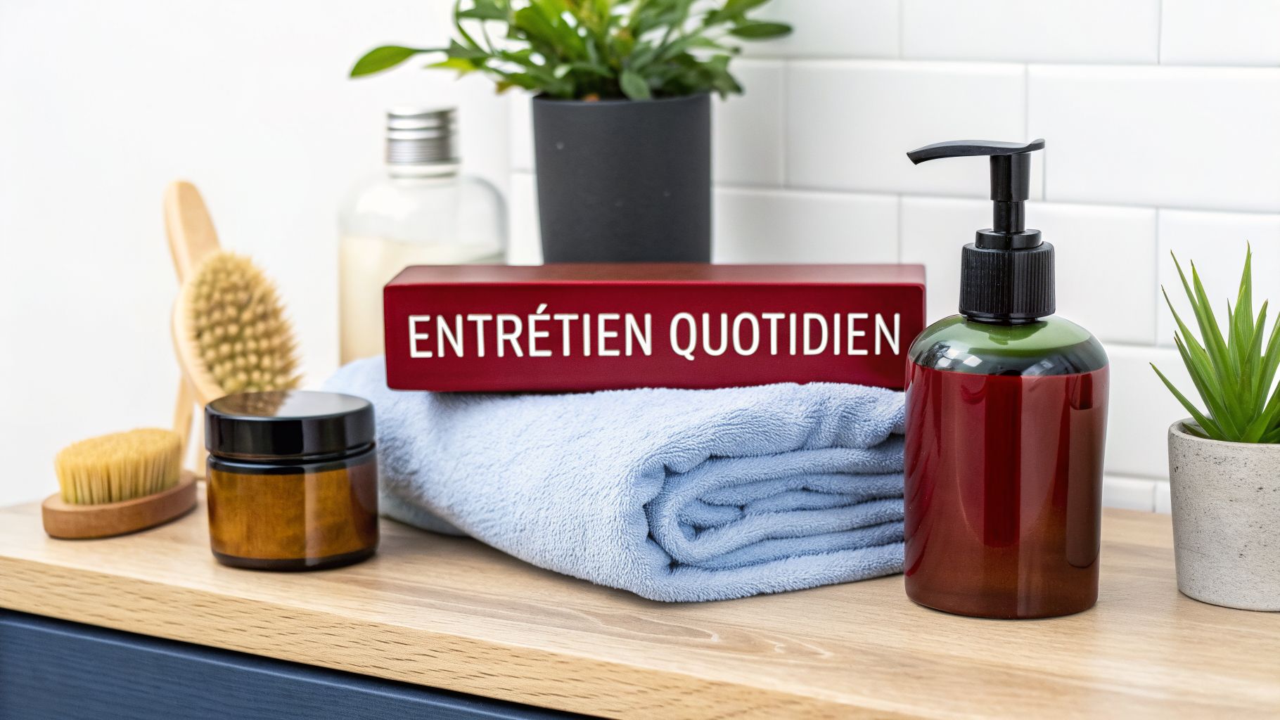 Un panneau rouge "ENTRETIEN QUOTIDIEN" sur une serviette bleue avec des produits de soins dans une salle de bain.