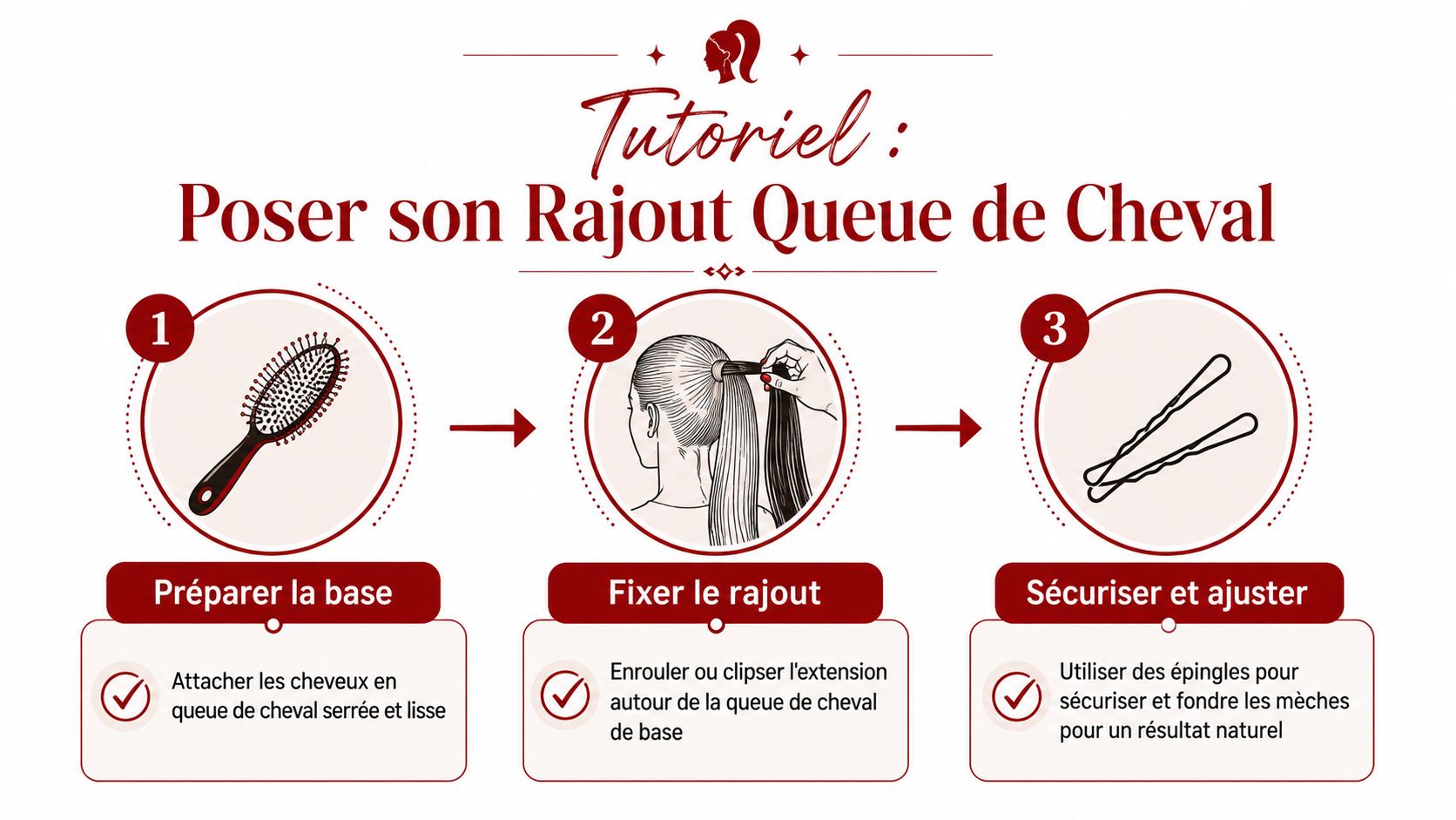 Tutoriel illustré en trois étapes pour apprendre à poser facilement un rajout de queue de cheval.