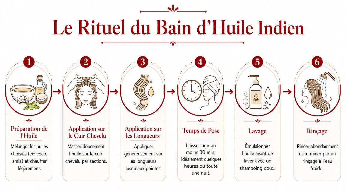 Une infographie en six étapes expliquant comment réaliser un bain d'huile capillaire selon la tradition indienne.