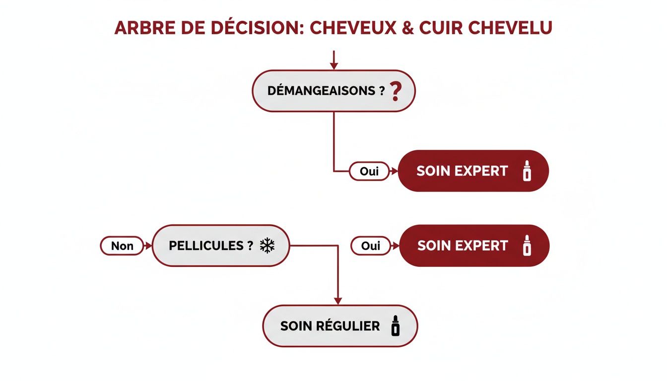 Arbre de décision pour cheveux et cuir chevelu, guidant vers soin expert ou régulier selon démangeaisons ou pellicules.