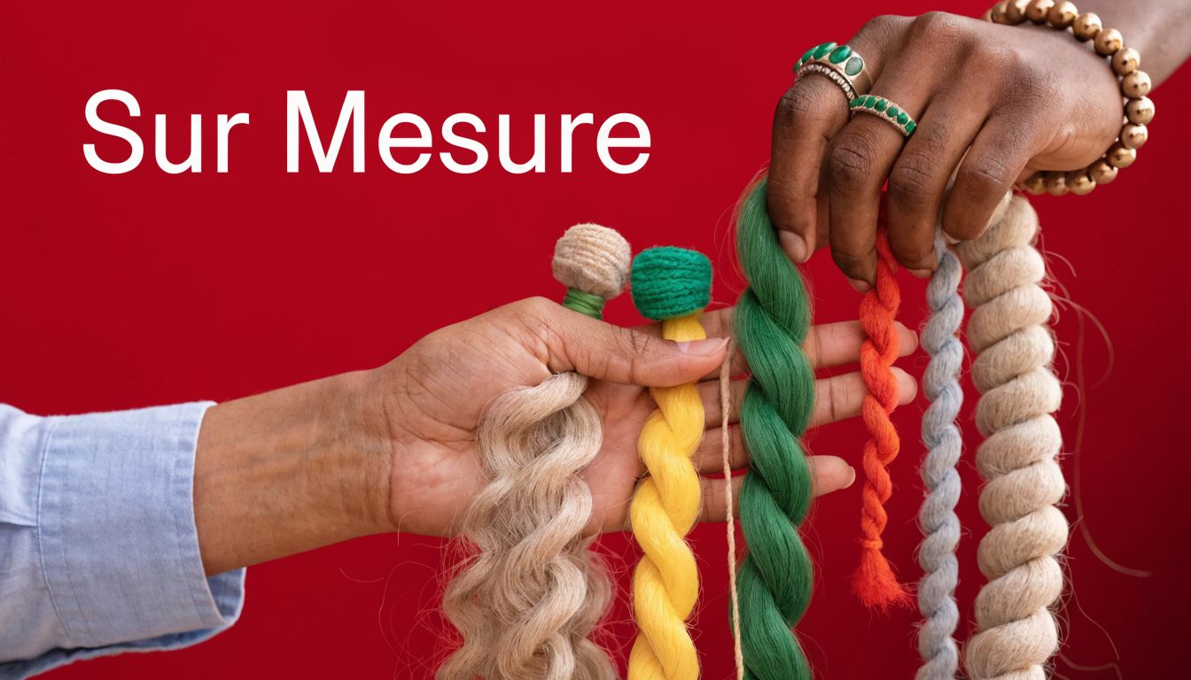 Des mains choisissent des échantillons de fibres textiles colorées et torsadées sur un fond rouge vif.