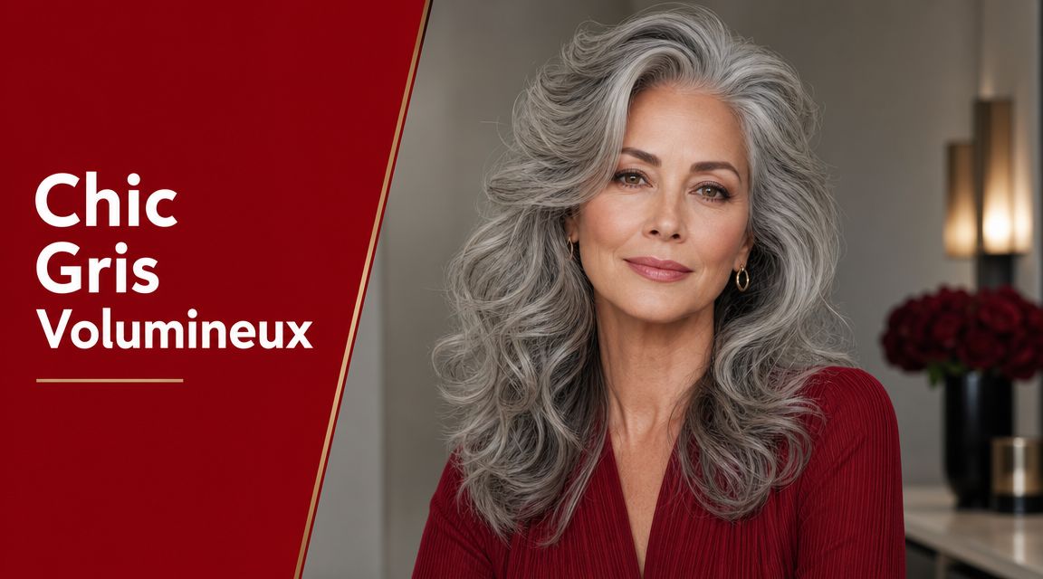 Une femme élégante aux cheveux gris volumineux portant une robe rouge dans un décor chic et raffiné.