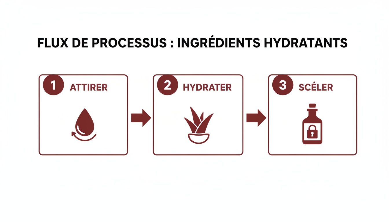 Diagramme illustrant le processus en trois étapes des ingrédients hydratants : attirer, hydrater et sceller.