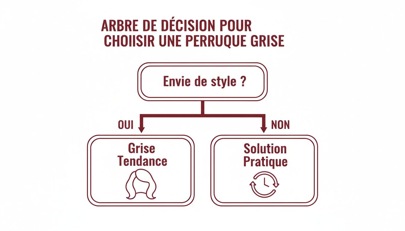 Un arbre de décision guide le choix d'une perruque grise entre style tendance et solution pratique.