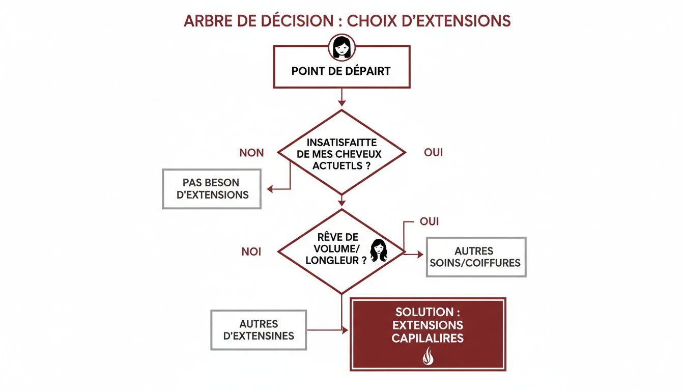 Arbre de décision pour le choix d'extensions de cheveux, guidant de l'insatisfaction capillaire aux solutions.