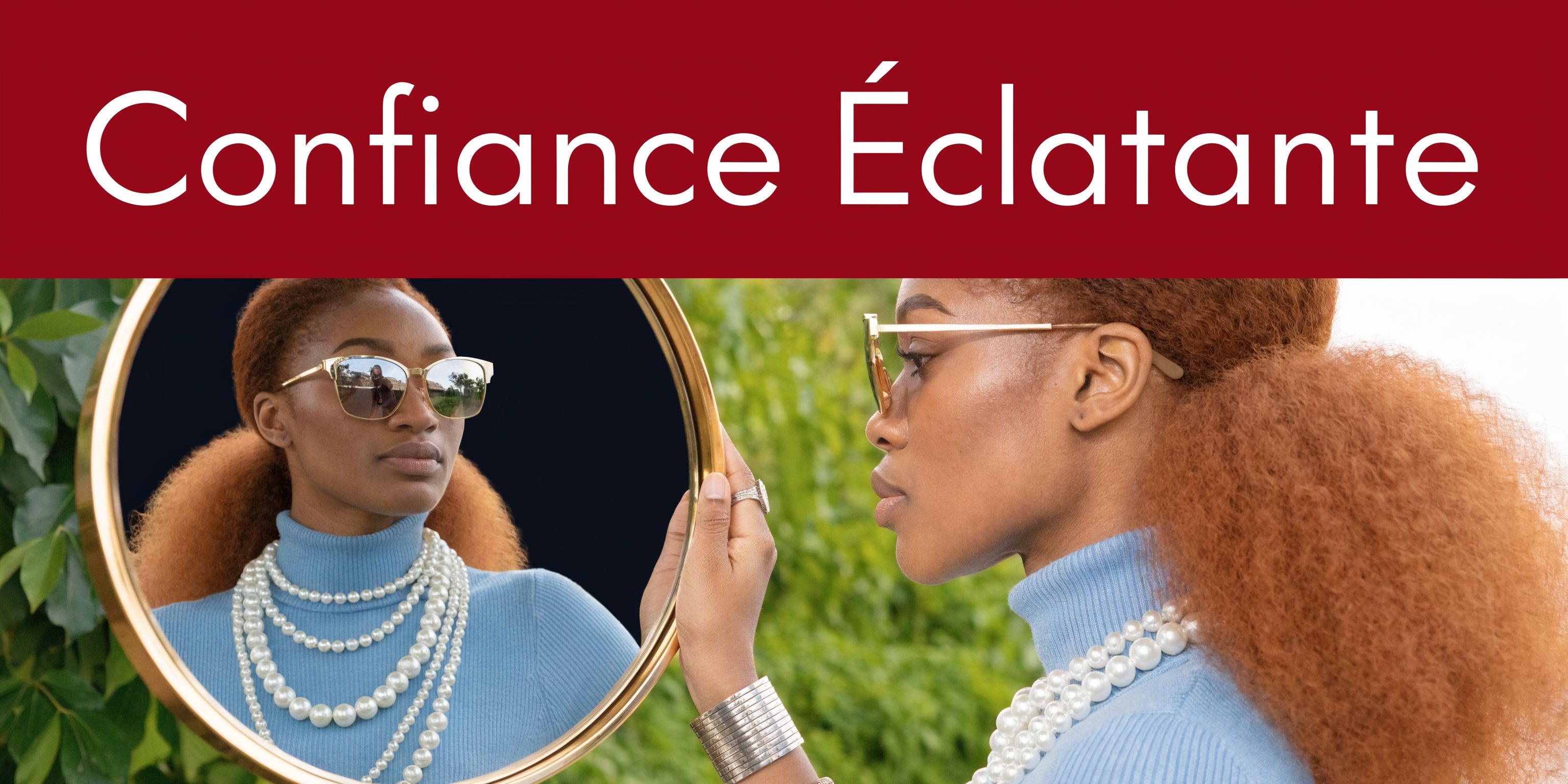 Une femme noire aux cheveux roux porte des lunettes de soleil et un collier de perles devant un miroir.