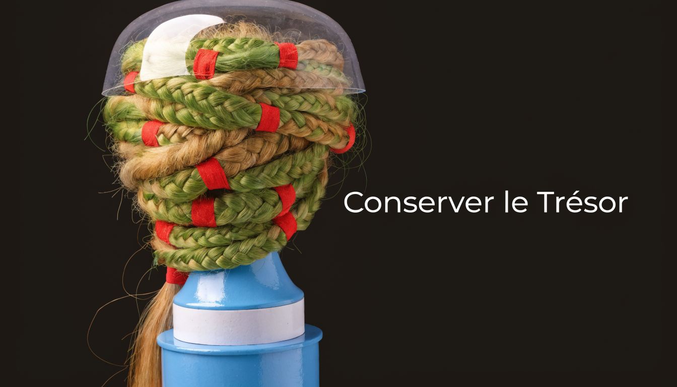 Une perruque tressée de couleur verte et blonde conservée soigneusement sous un dôme de protection en plastique.