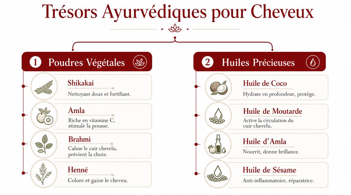 Infographie illustrant les bienfaits des poudres végétales et des huiles précieuses ayurvédiques pour le soin des cheveux.