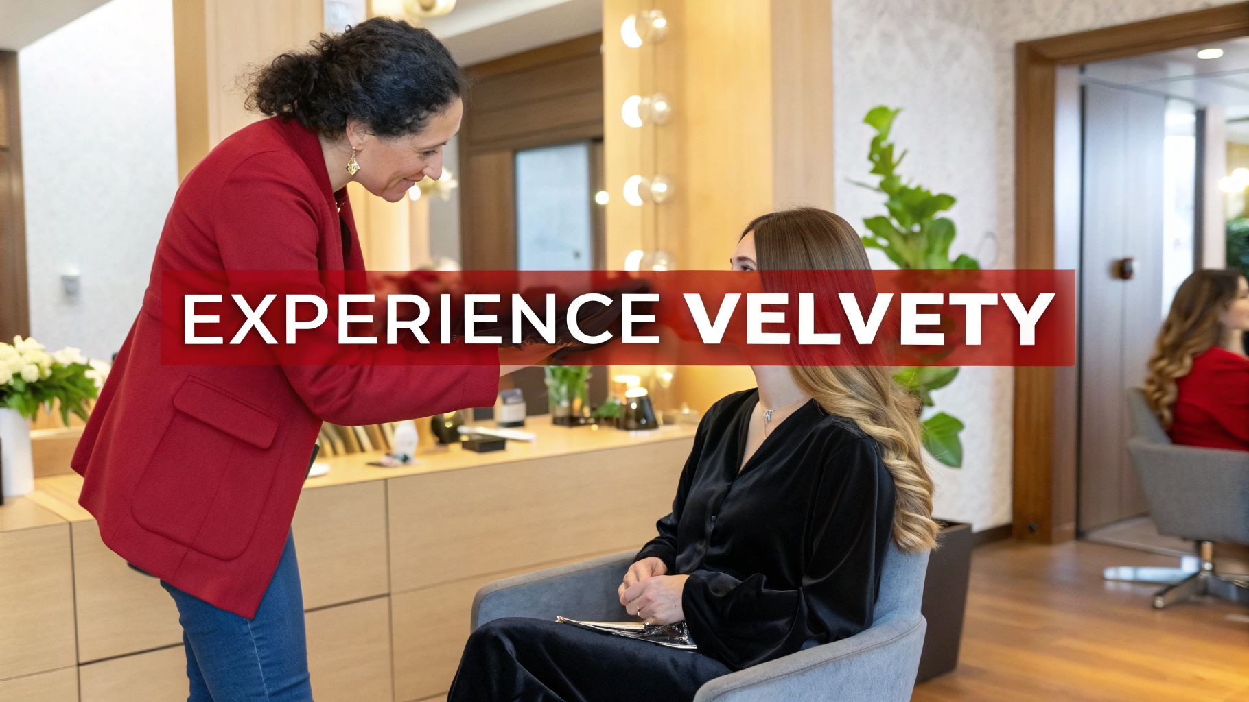 Une coiffeuse en veste rouge conseille une cliente assise dans un élégant salon de coiffure.