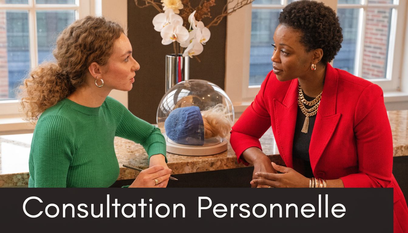 Une professionnelle et une cliente discutant lors d'une consultation personnelle au sujet d'une perruque médicale.