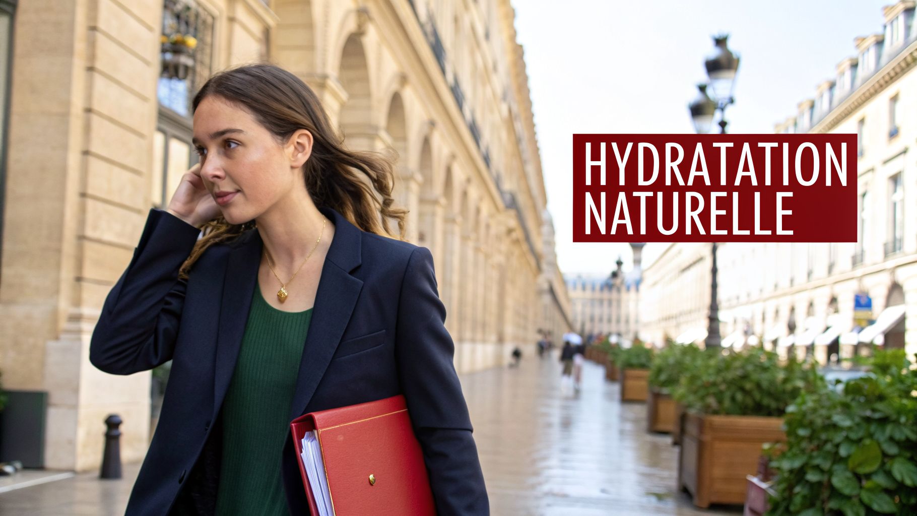 Une femme élégante marche dans une rue pavée avec des bâtiments haussmanniens, tenant un dossier, avec le texte Hydratation Naturelle.