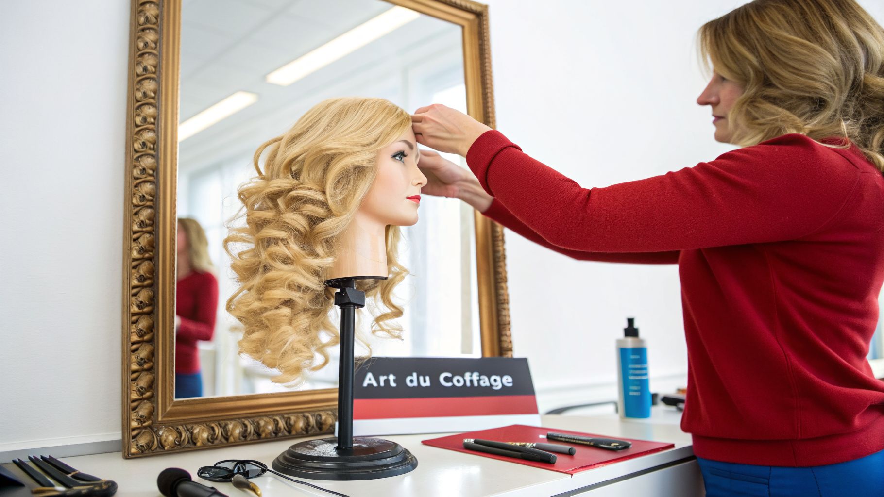 Une coiffeuse ajuste une perruque blonde bouclée sur un mannequin, reflétée dans un miroir doré.