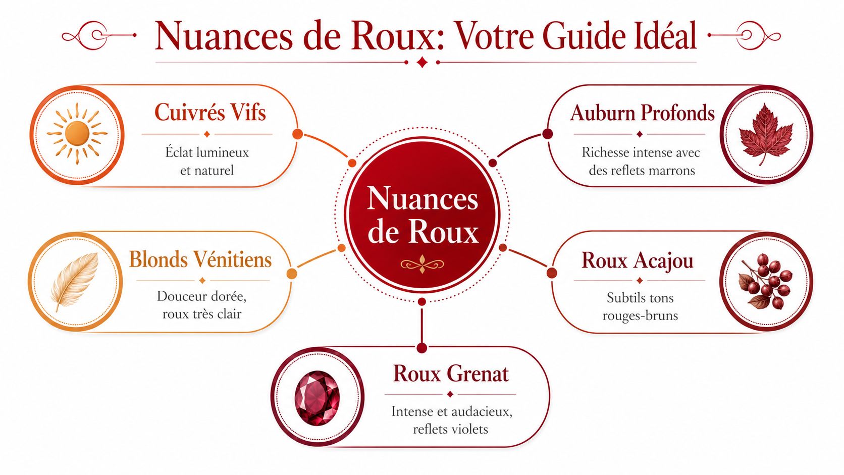 Une infographie élégante détaillant les cinq principales nuances de roux pour les cheveux, avec des illustrations descriptives.