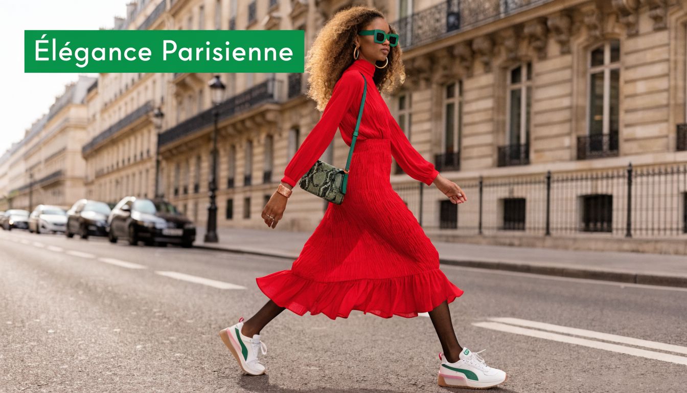 Une femme élégante marche dans une rue de Paris portant une robe rouge et des baskets modernes.